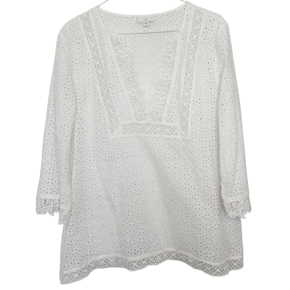 J Jill White Eyelet Lace Trim 3/4 Sleeve Tunic Top Blouse Medium